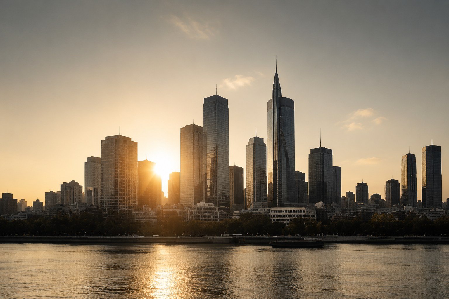 Financial district skyline at dusk