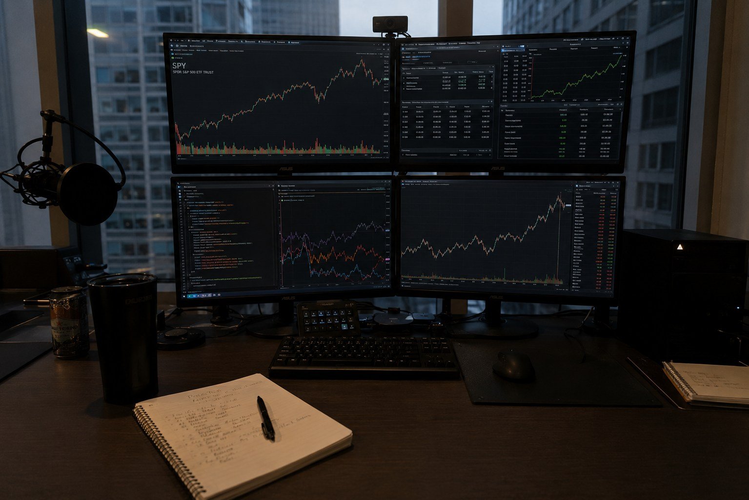 A trading desk at dusk — index charts, positioning screens, and a research notebook